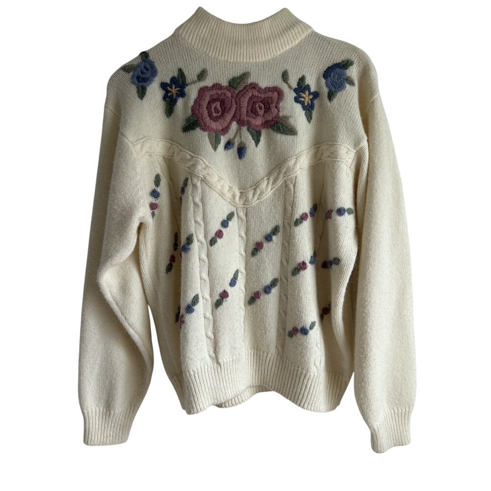 Vintage Alfred Dunner XL Cream Floral Embroidered Mock Neck Cable Knit‎ Sweater